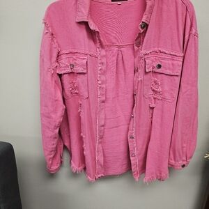 Pink Distressed Denim Jacket